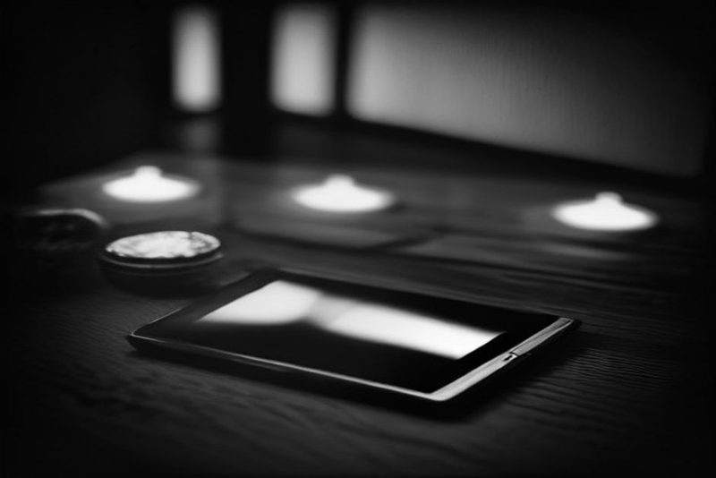 Dunkler Gastraum am Abend, ein Tablet liegt auf dem Tisch