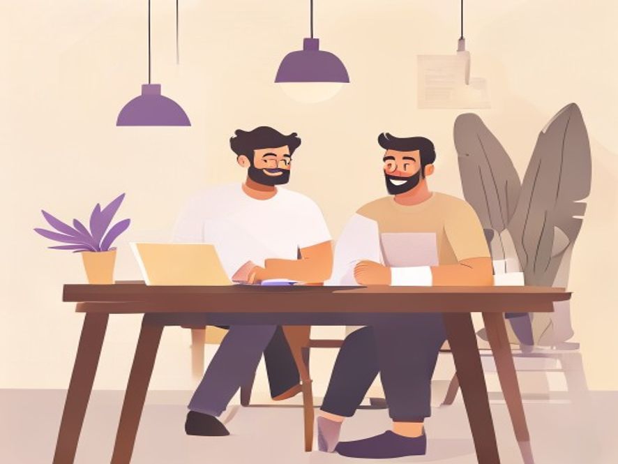 Illustration: zwei Männer arbeiten gemeinsam an einem Laptop